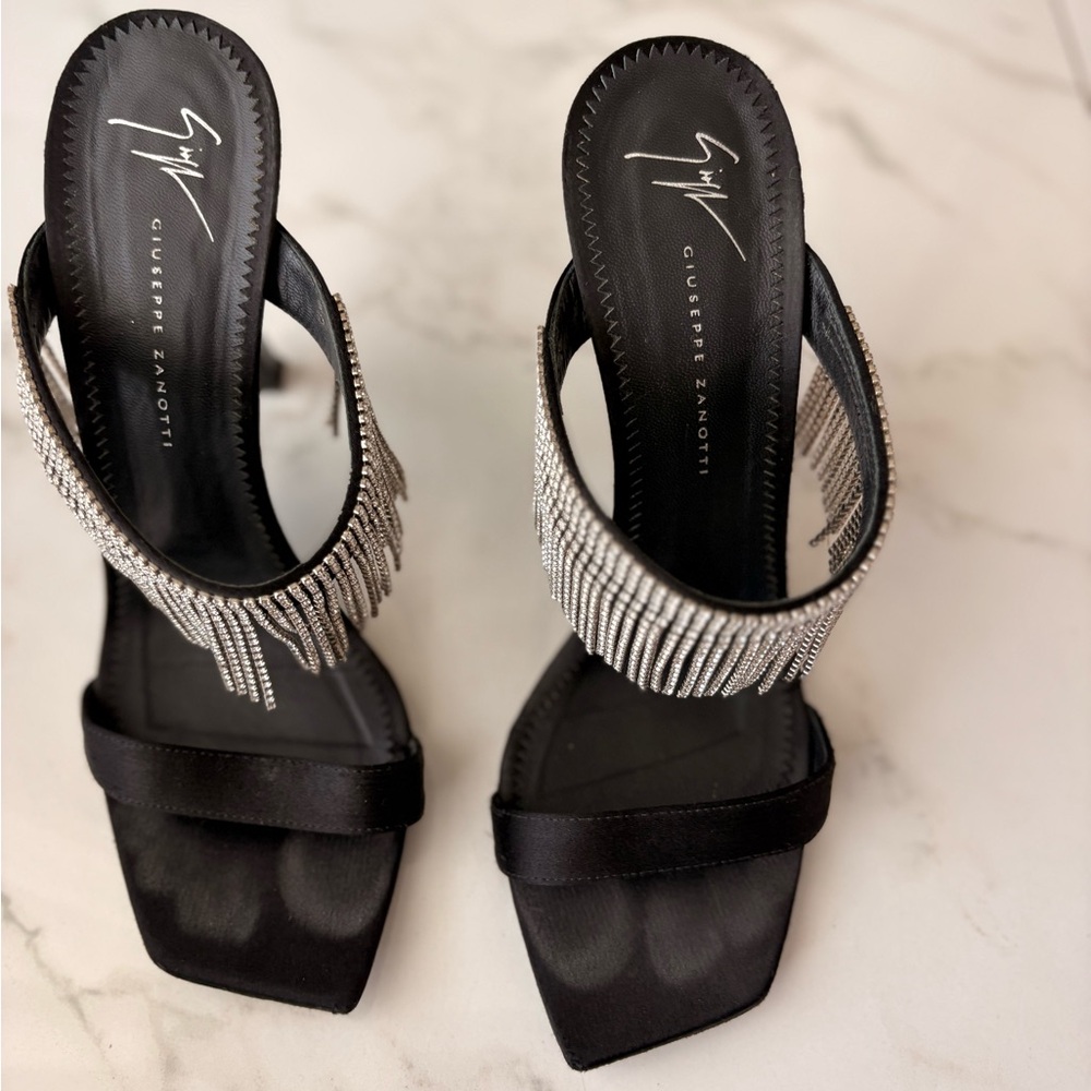 Giuseppe Zanotti Black Satin Crystal Fringe Slide Sandals with Silver Fringe